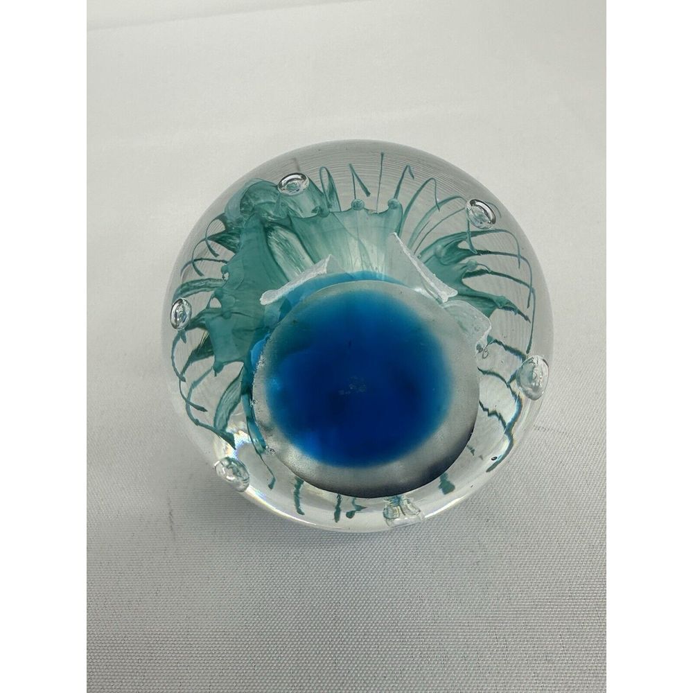 Paperweight Art Glass Sphere With Controlled Bubbles Blue & Clear 3" Jellyfish - Picture 5 of 8